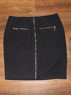 Black Pencil Skirt with Gold Front Zip and Pocket Details
